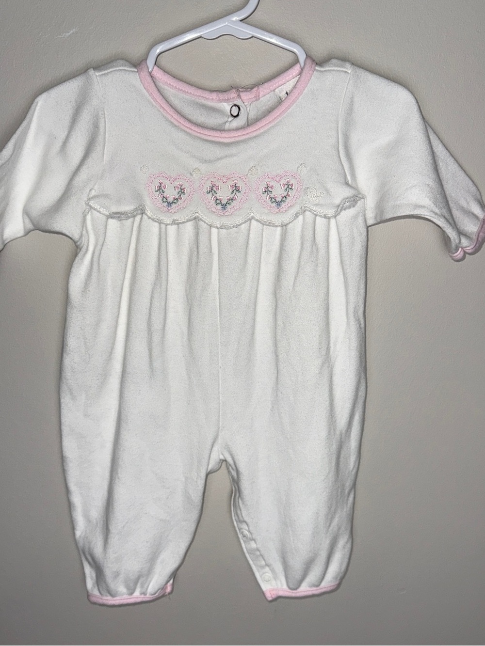 Baby Dior 0-3m White Romper with Pink Trim and Heart Embroidery
